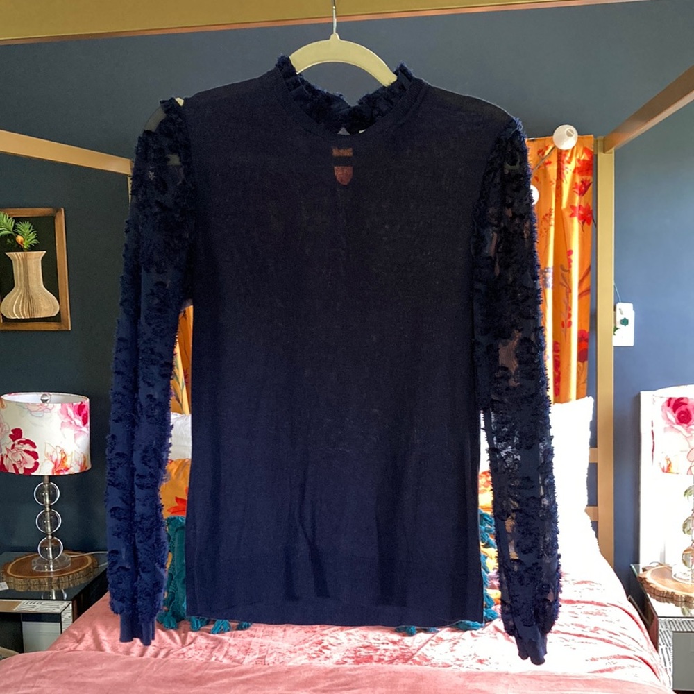 Navy sweater w mock neck and sleeve detail